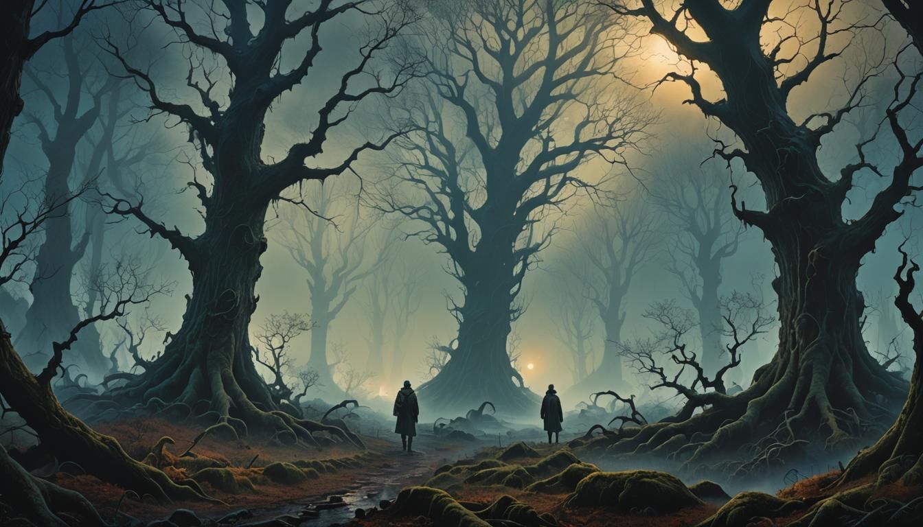 Misty Moonlit Forest Clearing in Beksiński Style