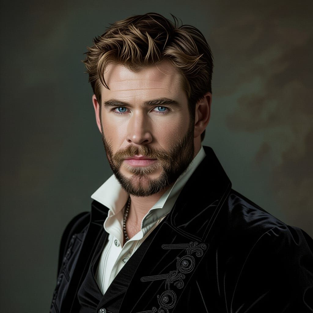 Gothic Vampire with Piercing Blue Eyes in Victorian Attire
