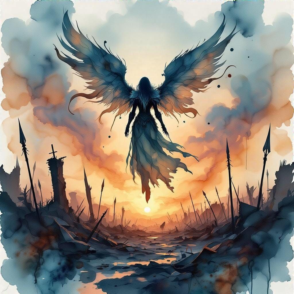 Ethereal Battle Angel Drifts Over Ruined Battlefield at Twil...