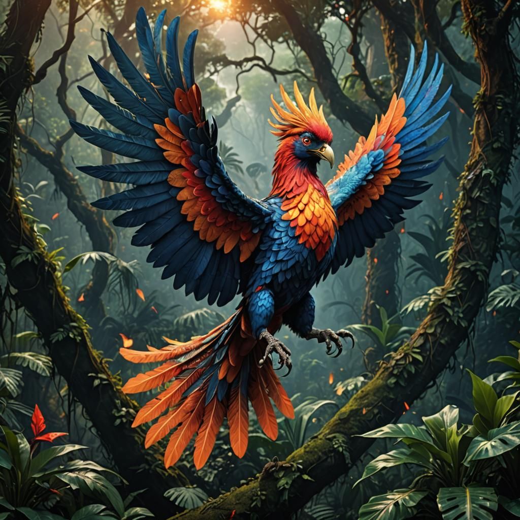 Fiery Phoenix Flight Over Hyperrealistic Jungle
