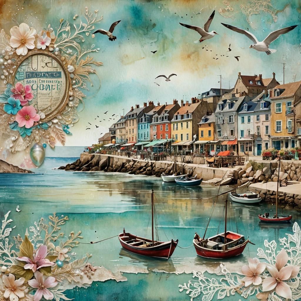 Coastal Village Scene in Mixed Media Collage
