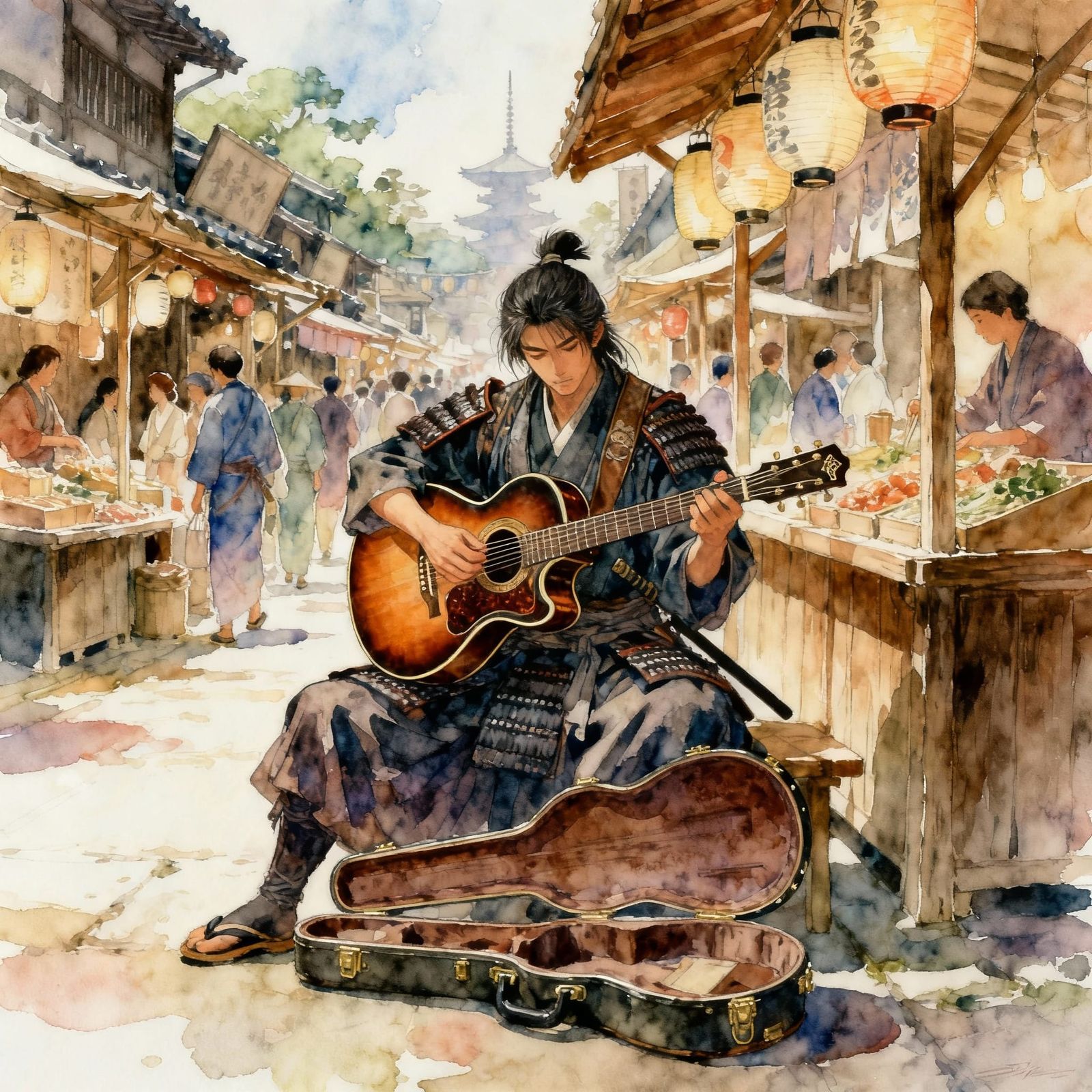 Ronin Samurai Plays Guitar in Edo Street Market Watercolor