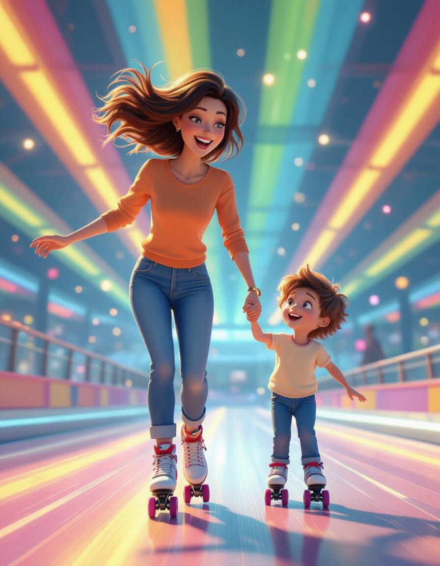 Joyful Mother and Child Skating in Animated Style