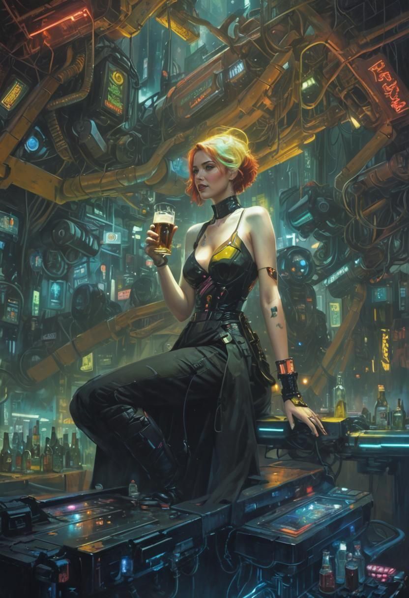 Cyberpunk Redhead in Neon Bar