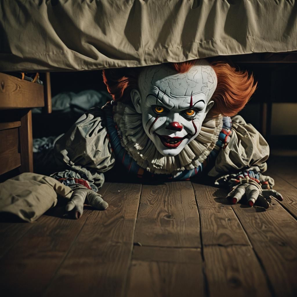 Eerie Pennywise Under the Bed: A Cinematic Horror Still