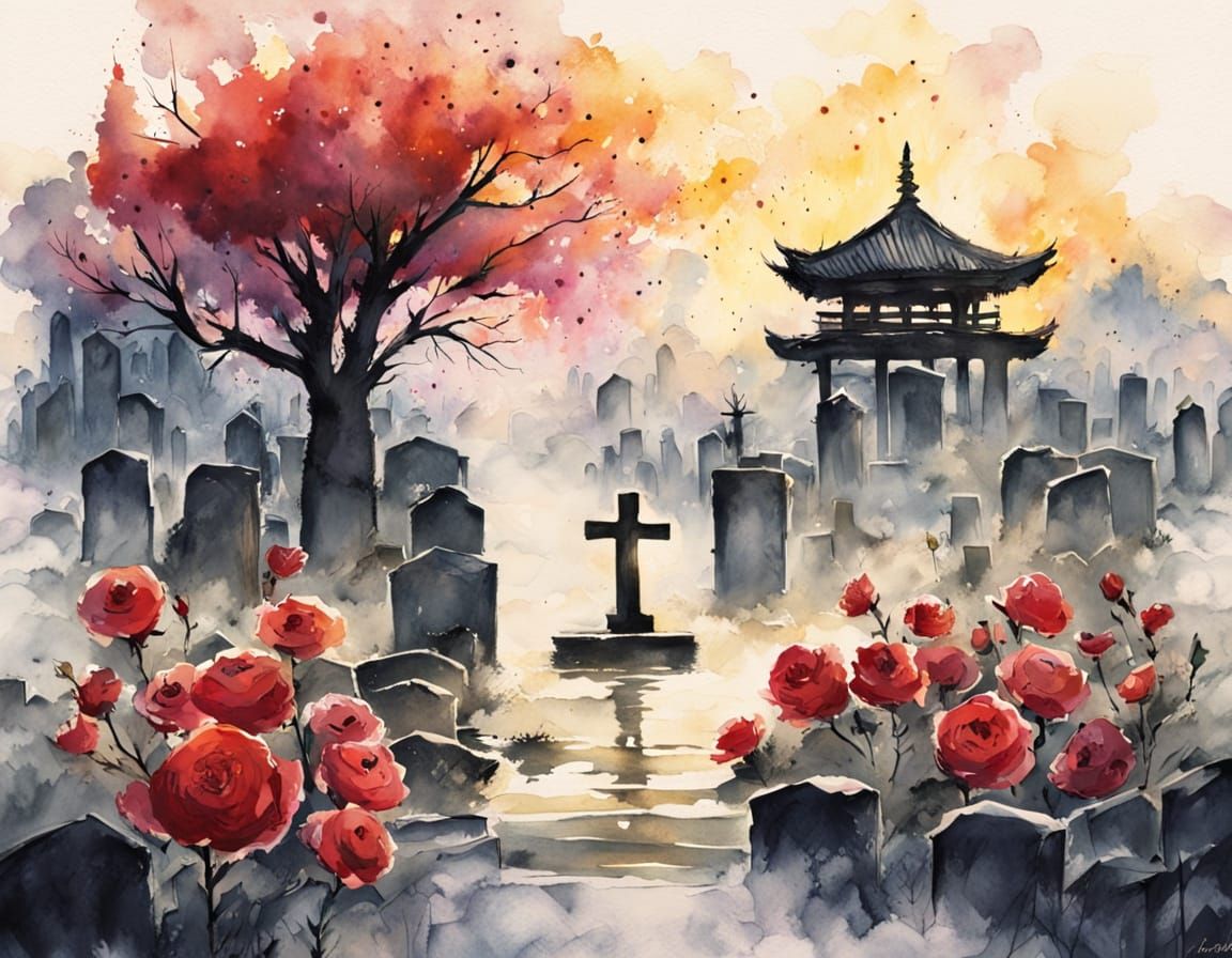 Sad Shiba Inu at Japanese Grave Watercolor