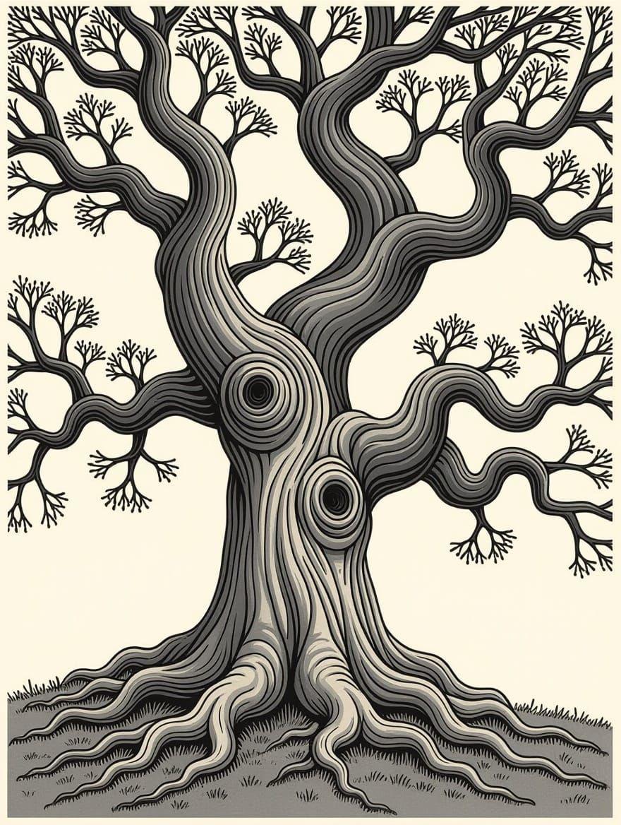 Mature Tree in Intricate Gray Illustration