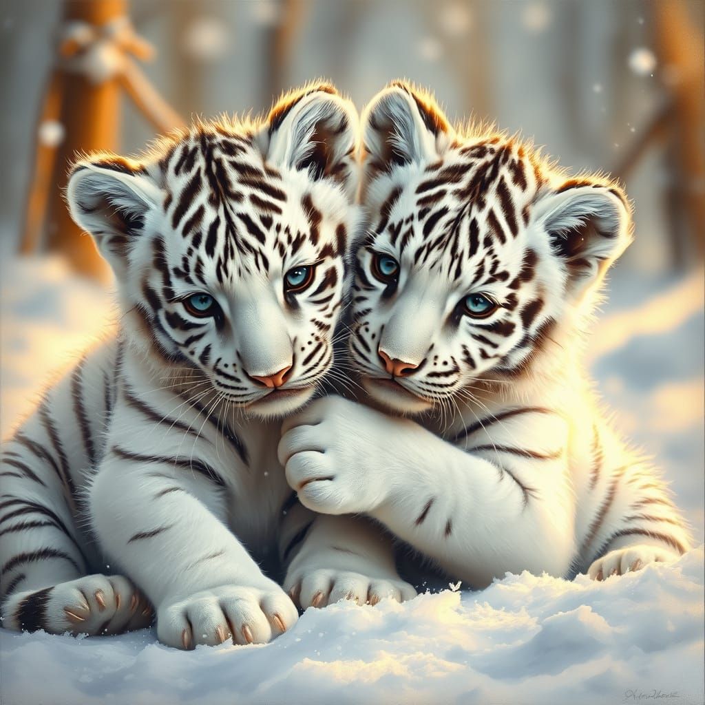 Two Adorable White Tiger Cubs in Snowy Winter Wonderland