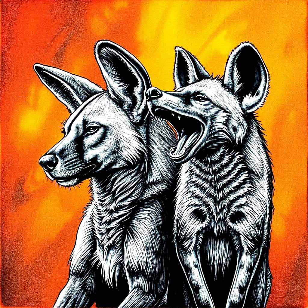 Laughing Jackal and Hyena Etching in Surreal Style