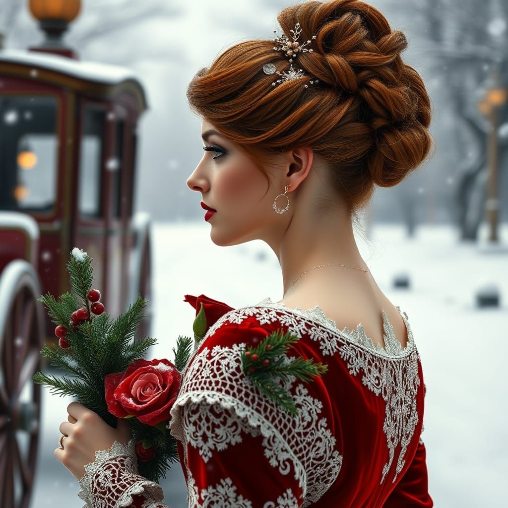 Elegant Victorian Woman in Winter Snowfall, Oil Painting