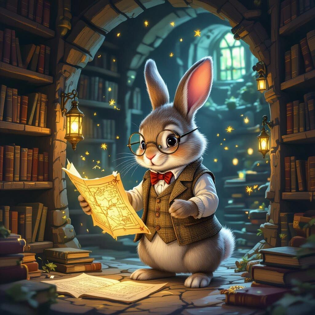 Rabbit Explorer Consults Glowing Map in Secret Library