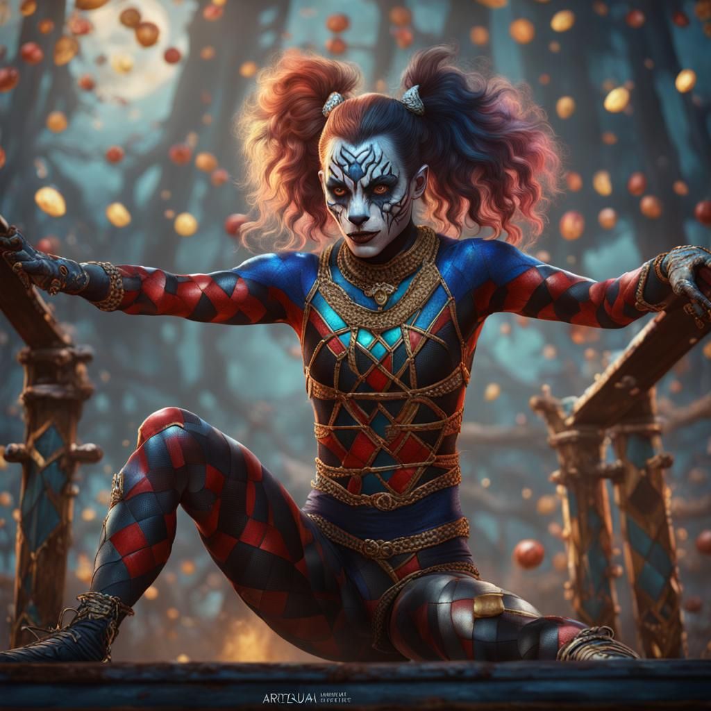 Werewolf Harlequin Gymnast in Detailed Fantasy Art
