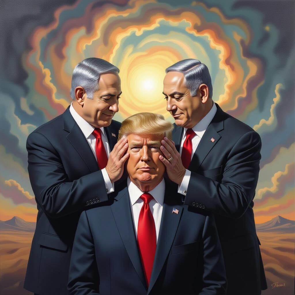 Surrealist Oil Painting: Trump and Netanyahu Exchange Heads