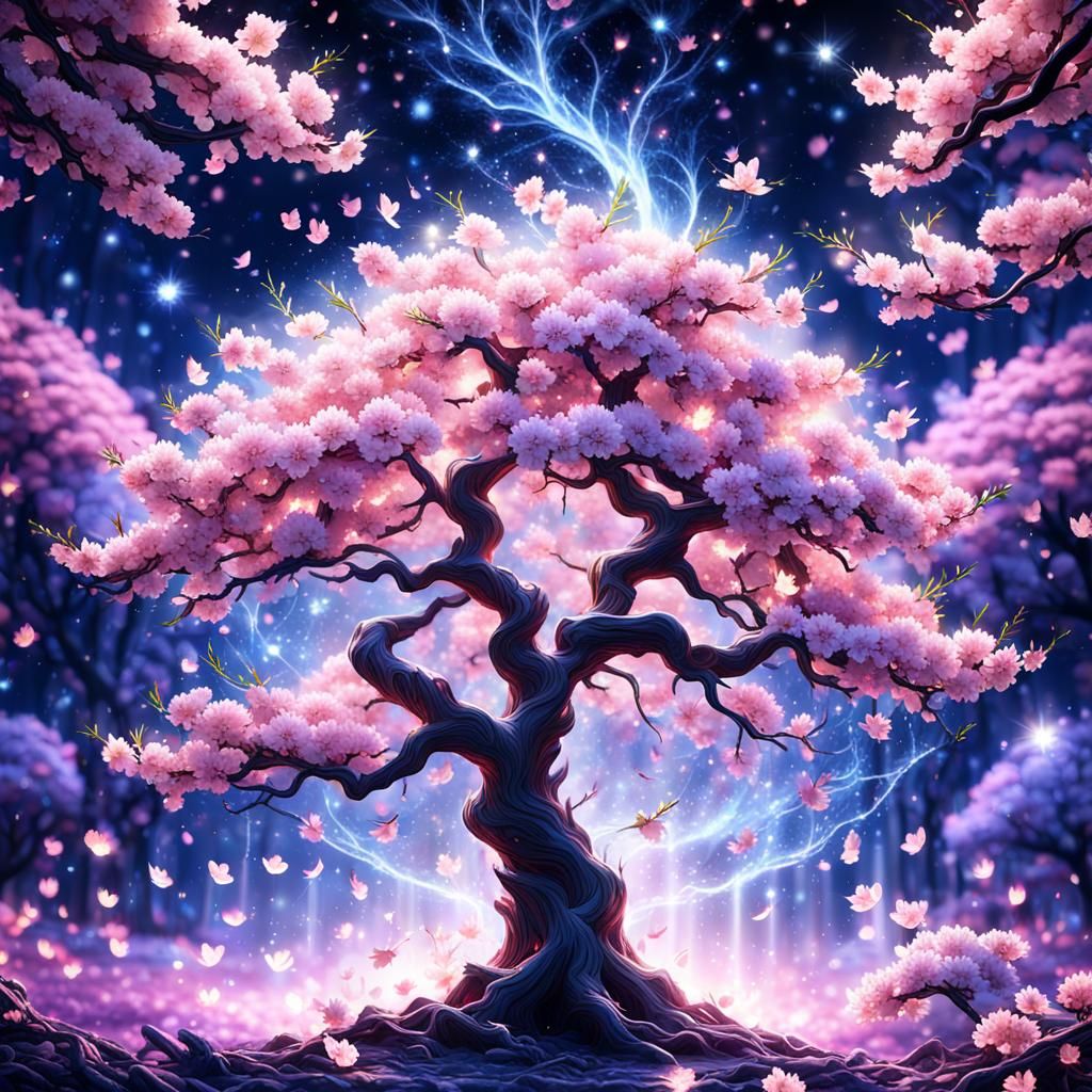 Glowing Celestial Cherry Blossom Tree at Midnight