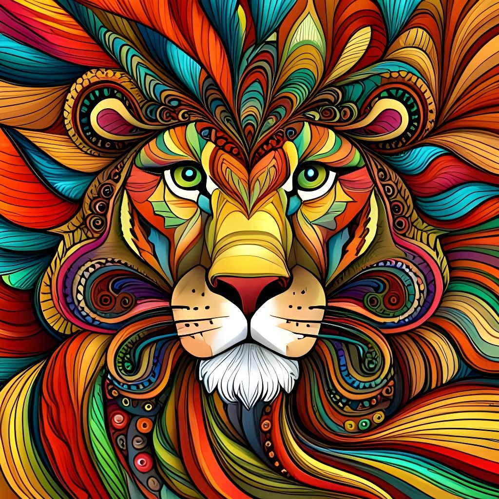 Abstract Geometric Lion Fractal Zentangle Line Art