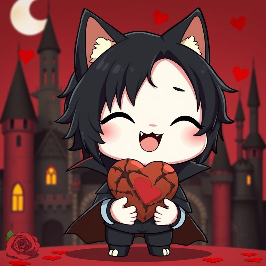 Cute Vampire Catboy Holds Chocolate Heart