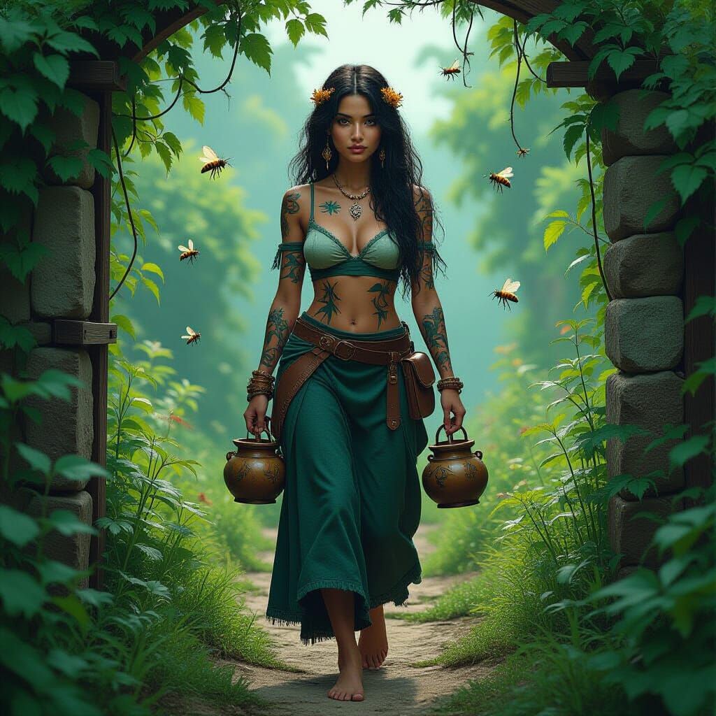 Eerie Garden Scene in Dark Whimsical Style