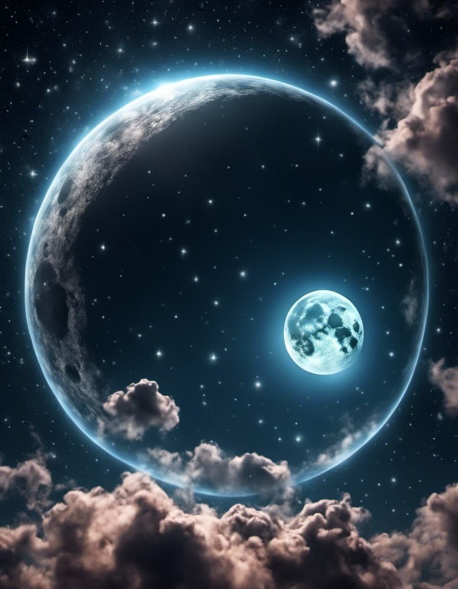 Transparent Glass Moon with Clouds and Stars
