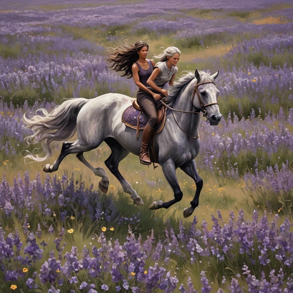 Female Centaur Running Through Purple Flower Field