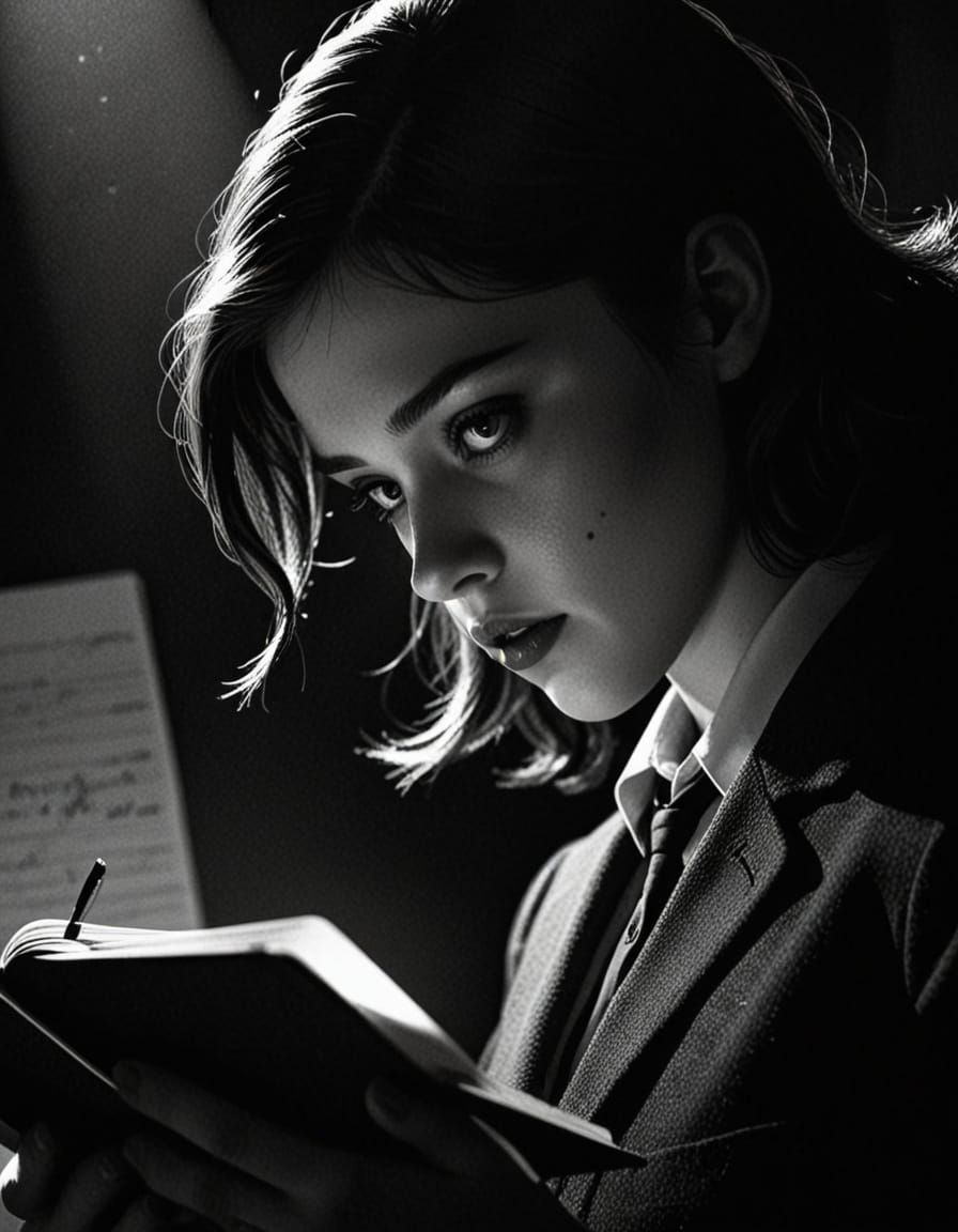 Schoolgirl Investigates Dark Notebook in Noir Style