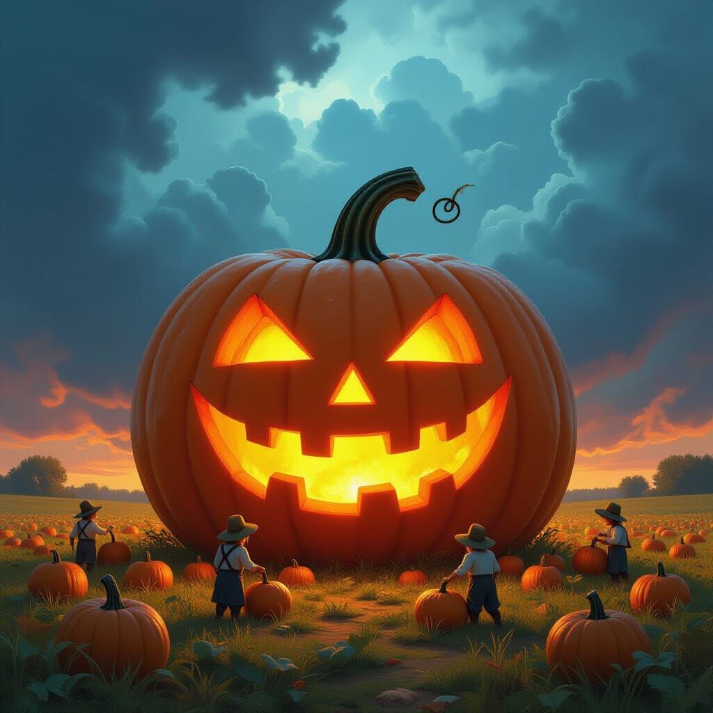 Sentient Pumpkin Patch Under Stormy Sky