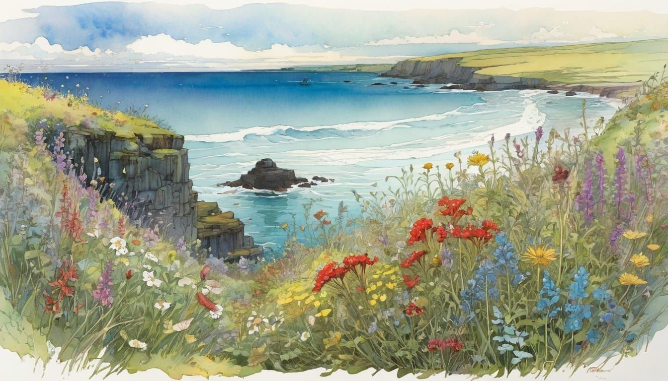 Vibrant Coastal Wildflowers in Watercolour Ink