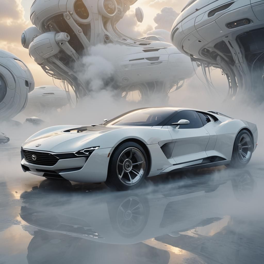 Futuristic Car in Dreamlike Cloudscape Concept Art