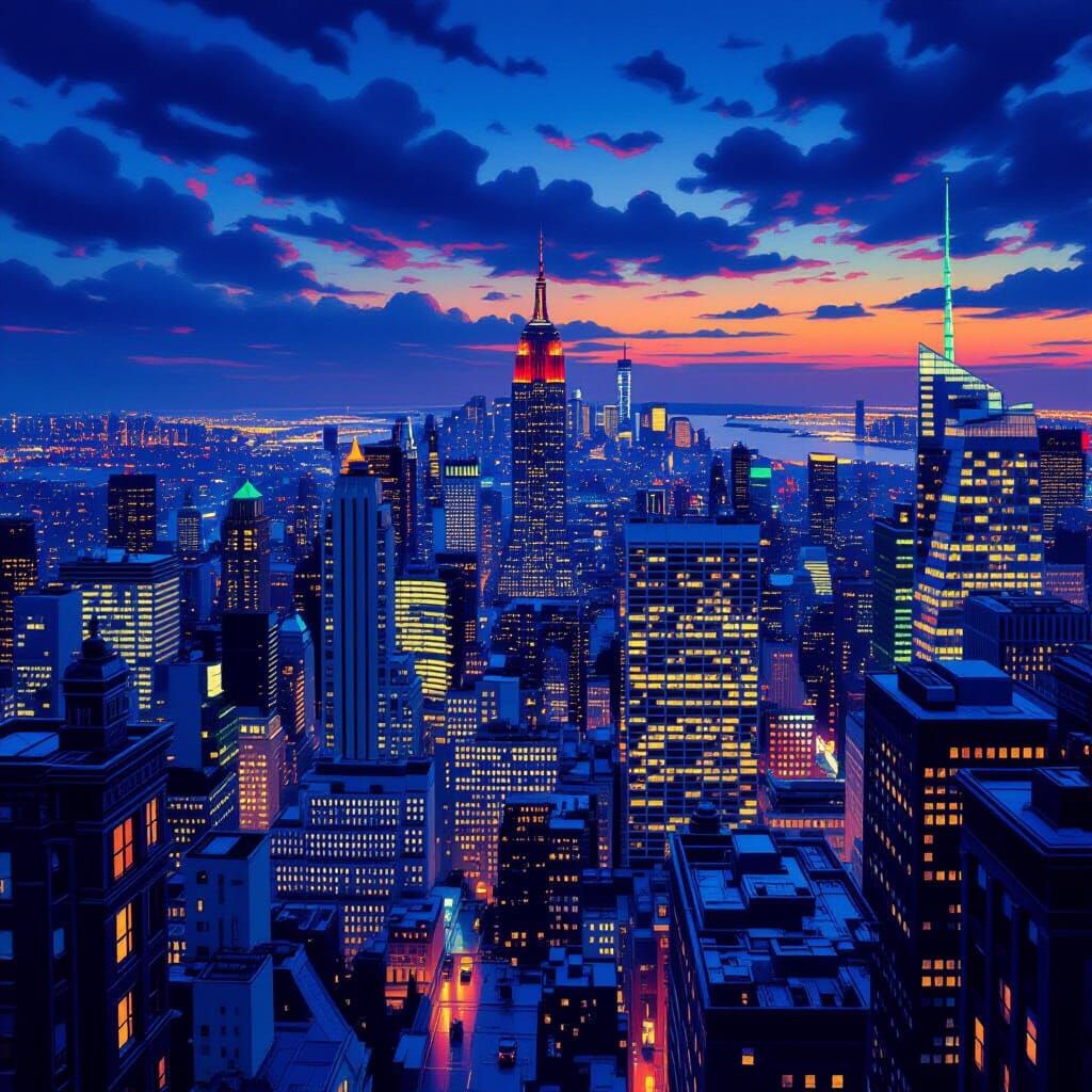 Vibrant Metropolis at Dusk in Jewel Tones