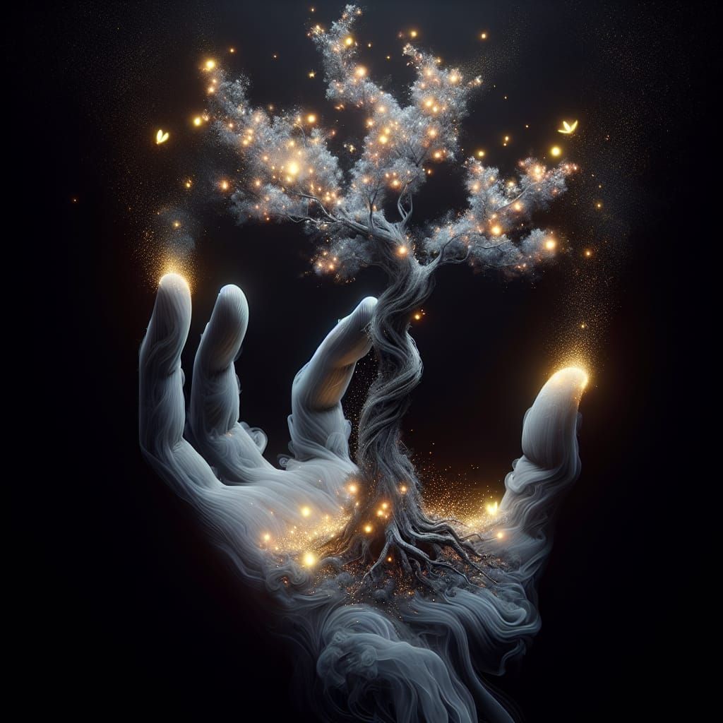 Glowing Fireflies Light a Smoke Hand Tree