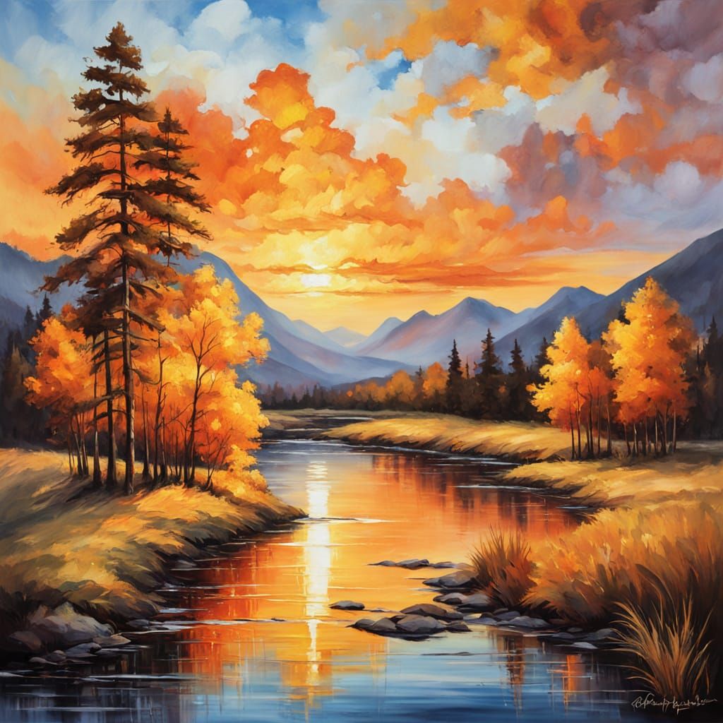 Majestic Mountain Sunset Over Reflecting River Landscape