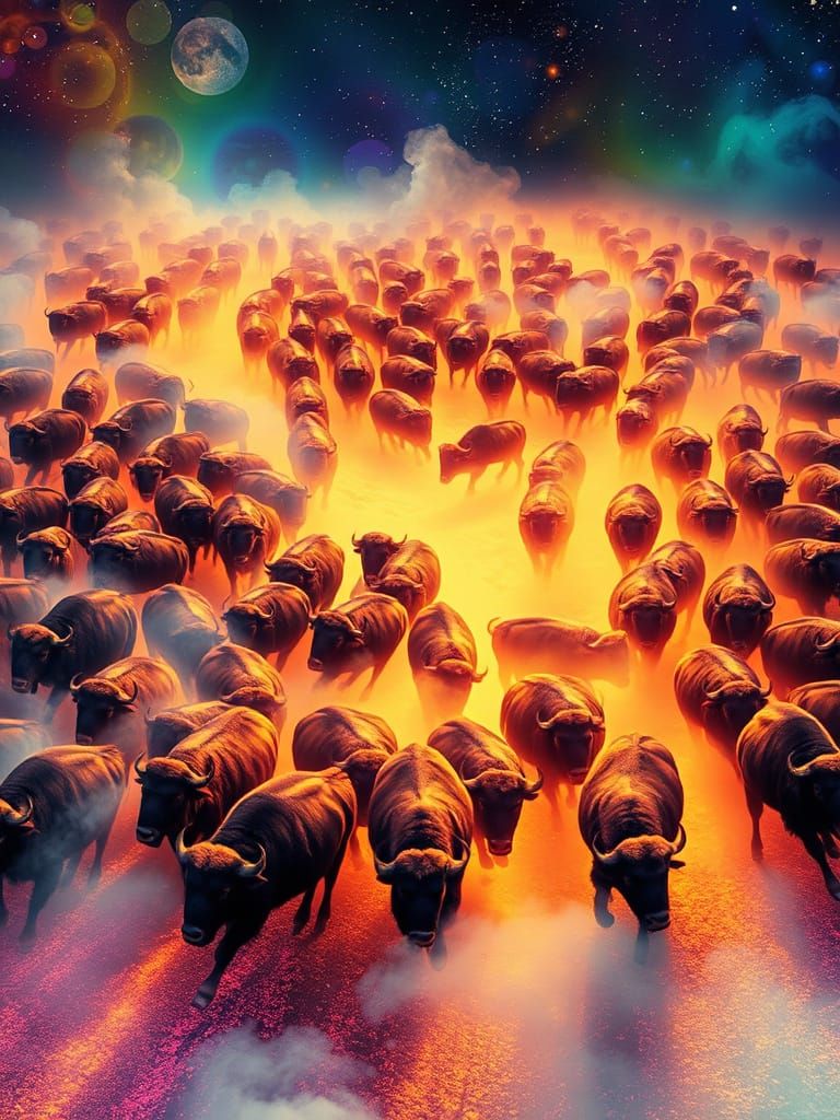 Buffalo Stampede in Psychedelic Anime Style