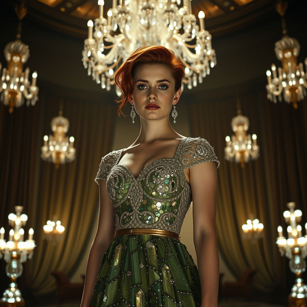 Woman in Crystalline Dress in Grand Ballroom