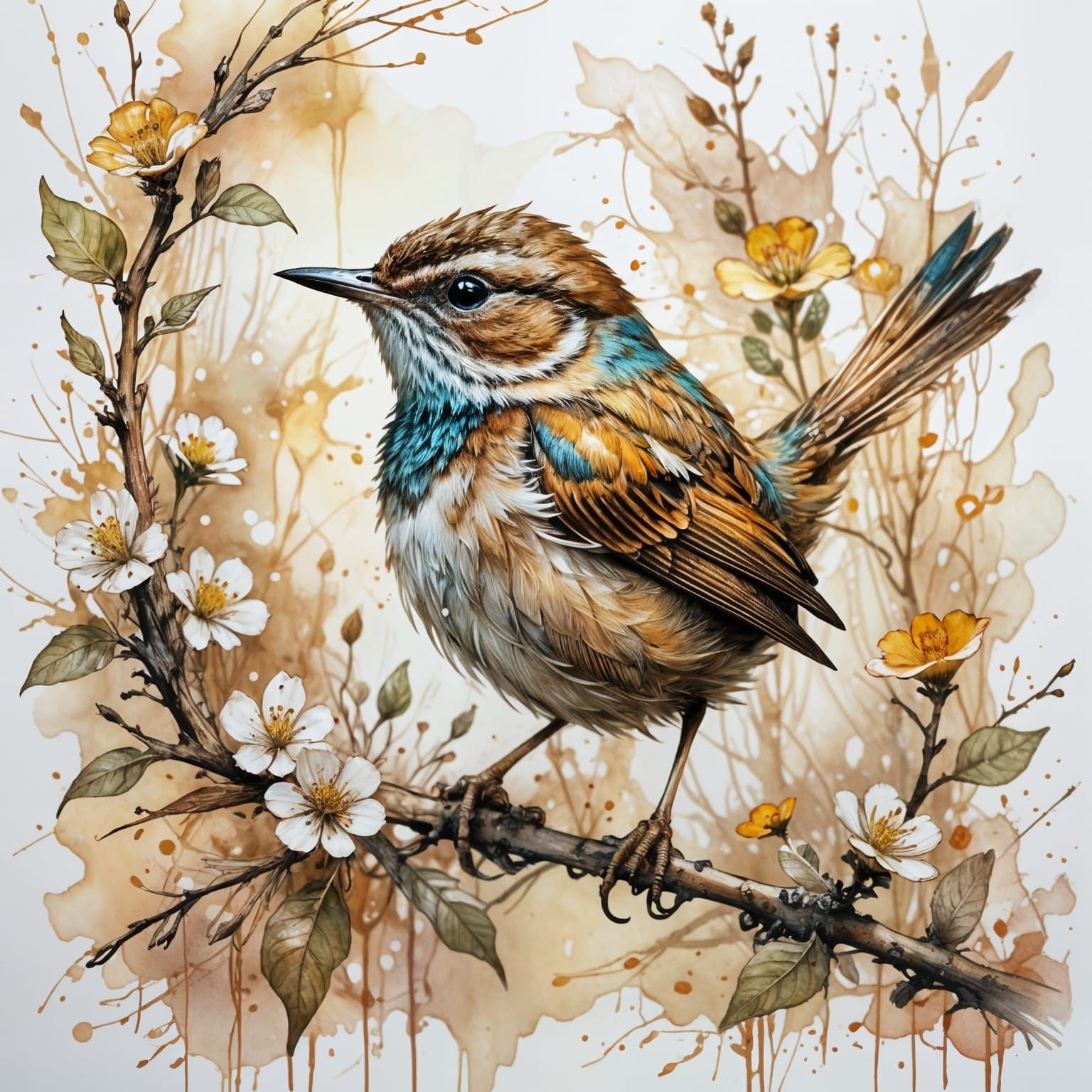Surreal Wren Blooms in Whimsical Watercolor Landscape