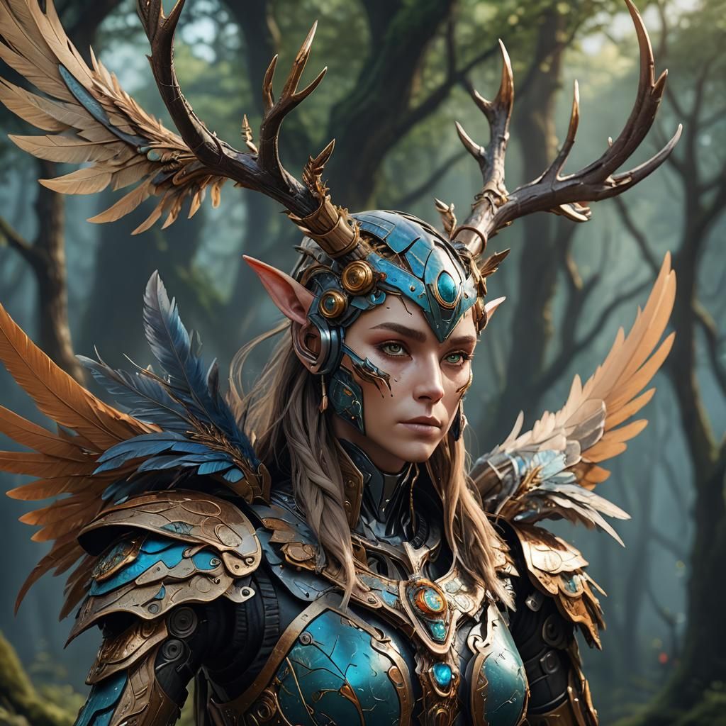 Elven Robot with Feathers, Antlers and Wings