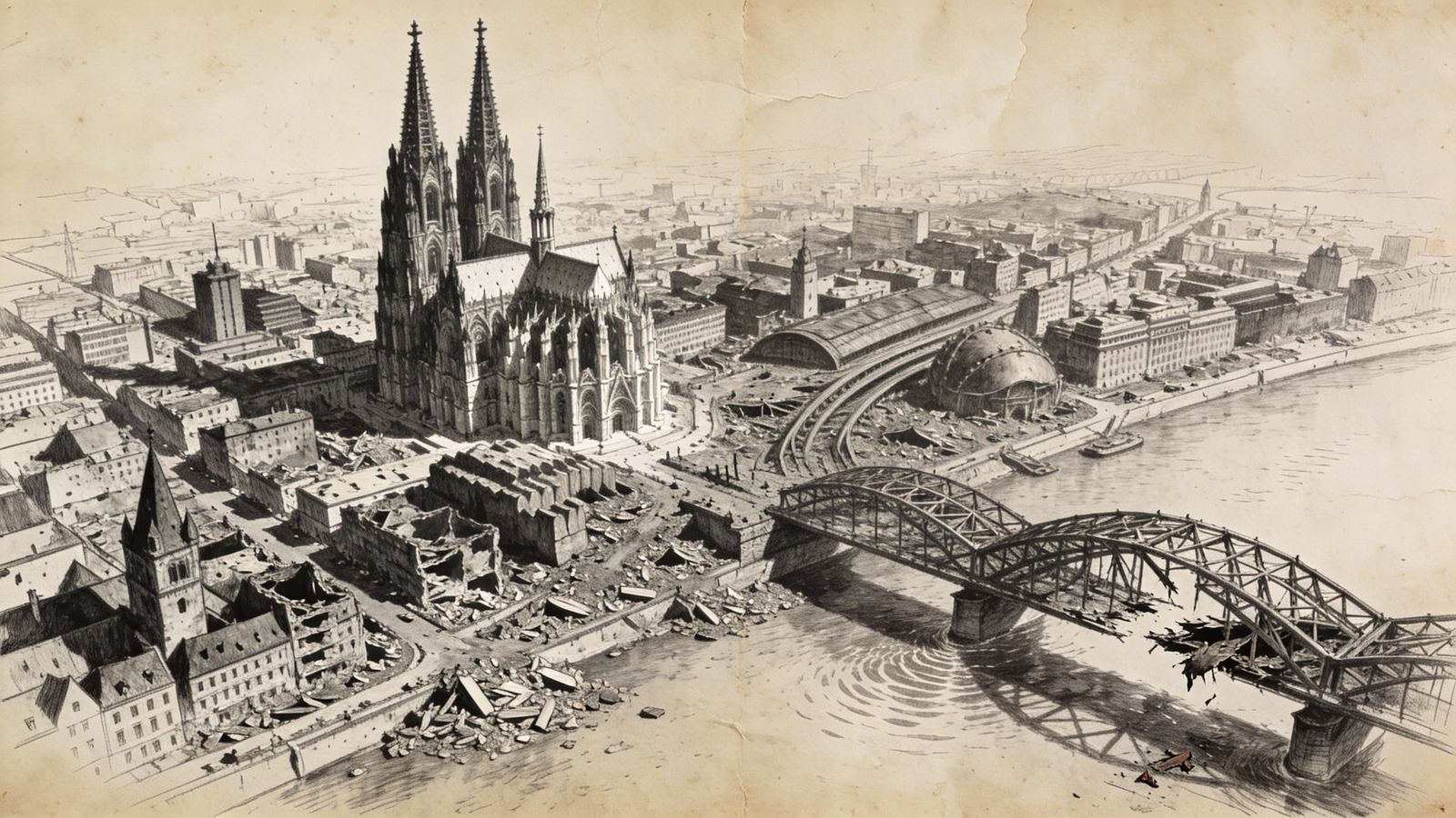 Cologne Cathedral After WWII in Ink Sketch Style