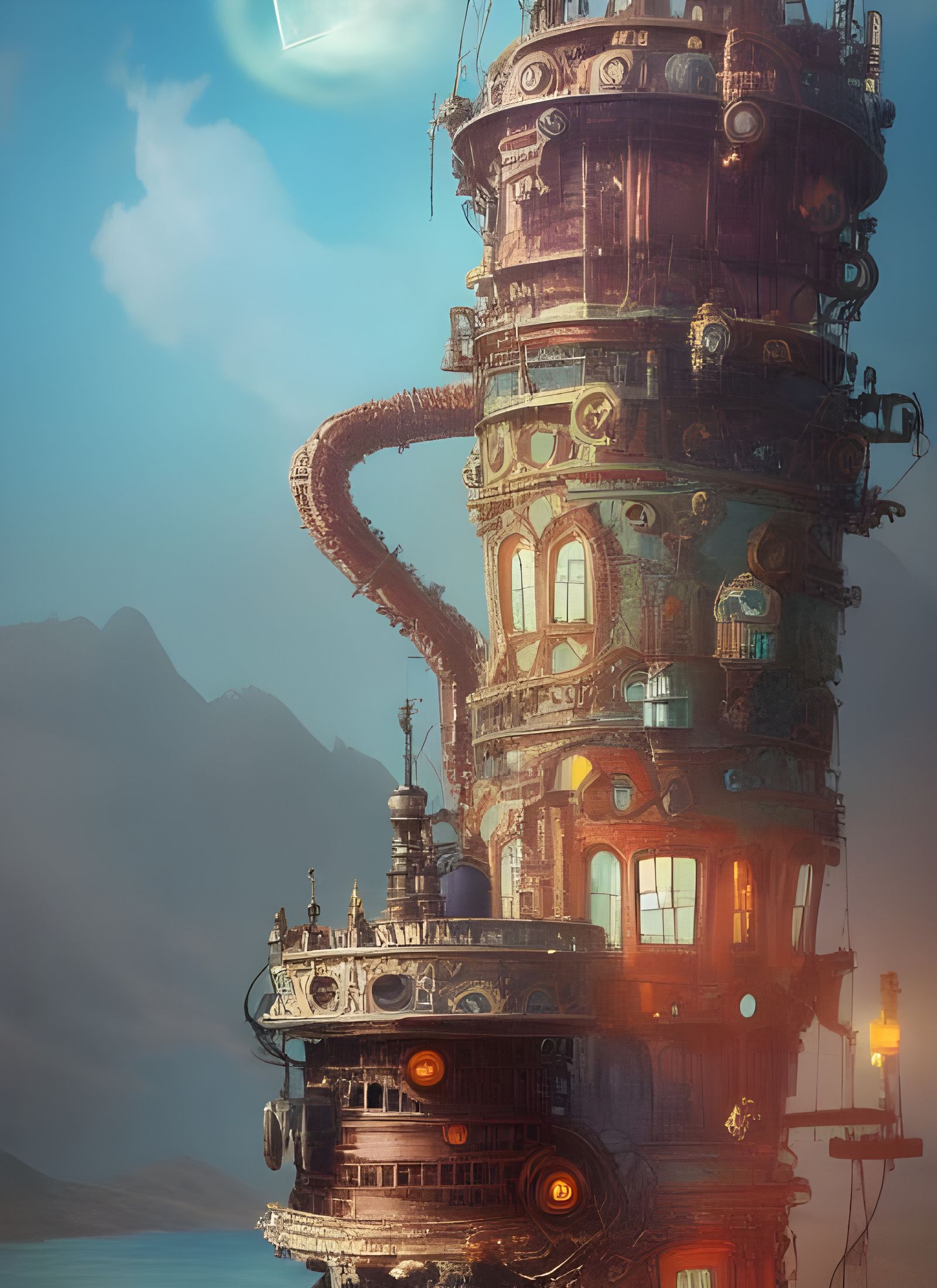 Steampunk Tower on Mountain Lake in Surreal Style