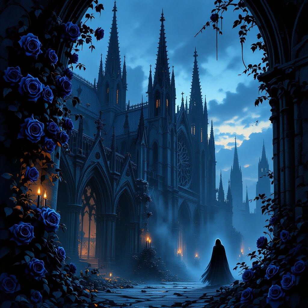Gothic Cathedral Overgrown with Midnight Roses in Twilight
