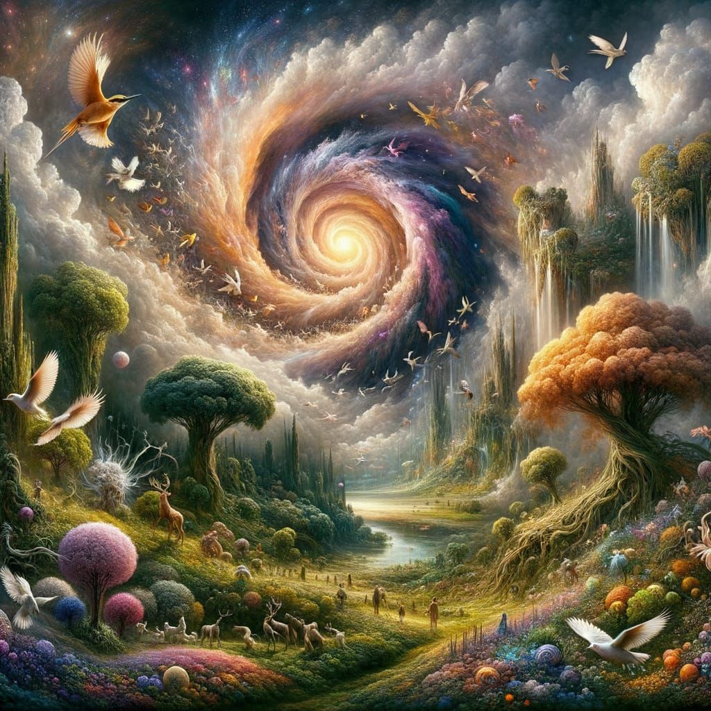 Dreamlike Vortex Landscape with Enchanted Mist and Flora