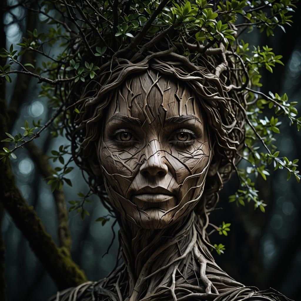 Tree Branches Form Woman's Face with Depth of Field