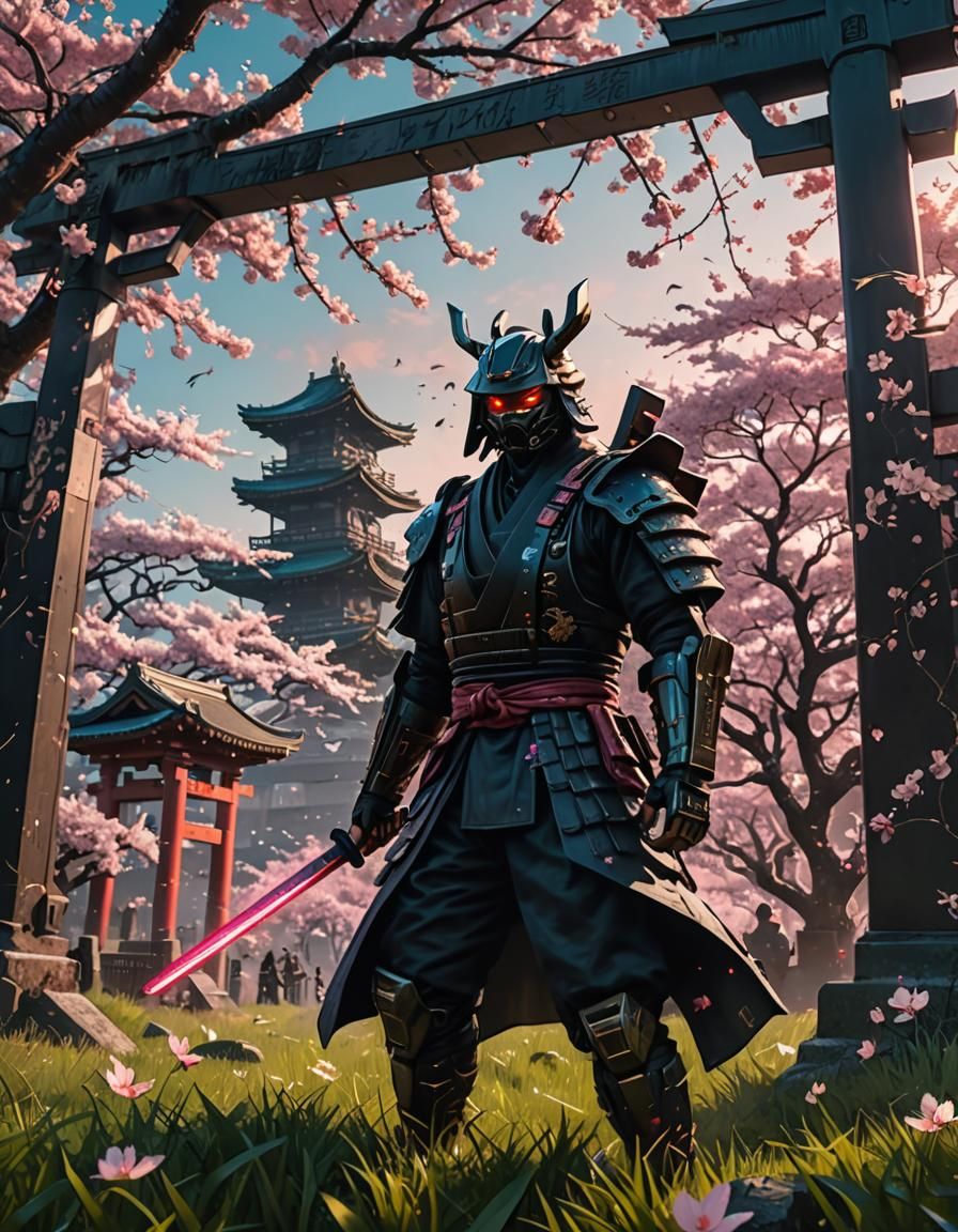 Samurai at Tori Gate in Cyberpunk Style