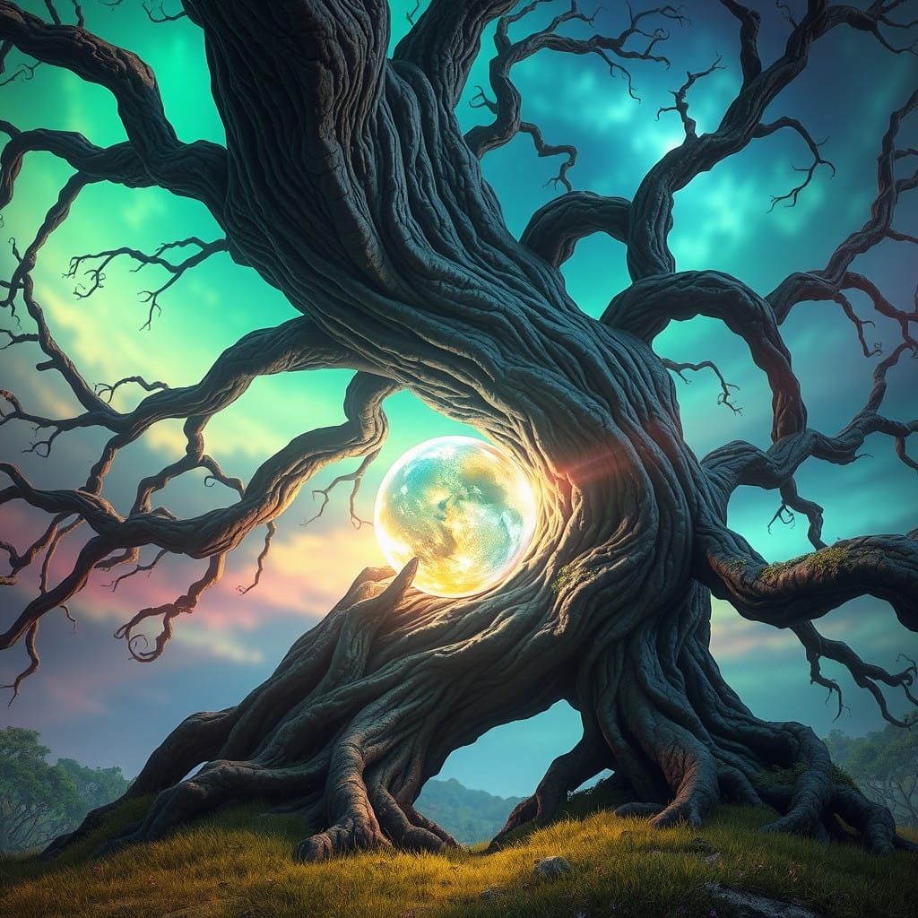 Mystical Orb Adorned Ancient Tree
