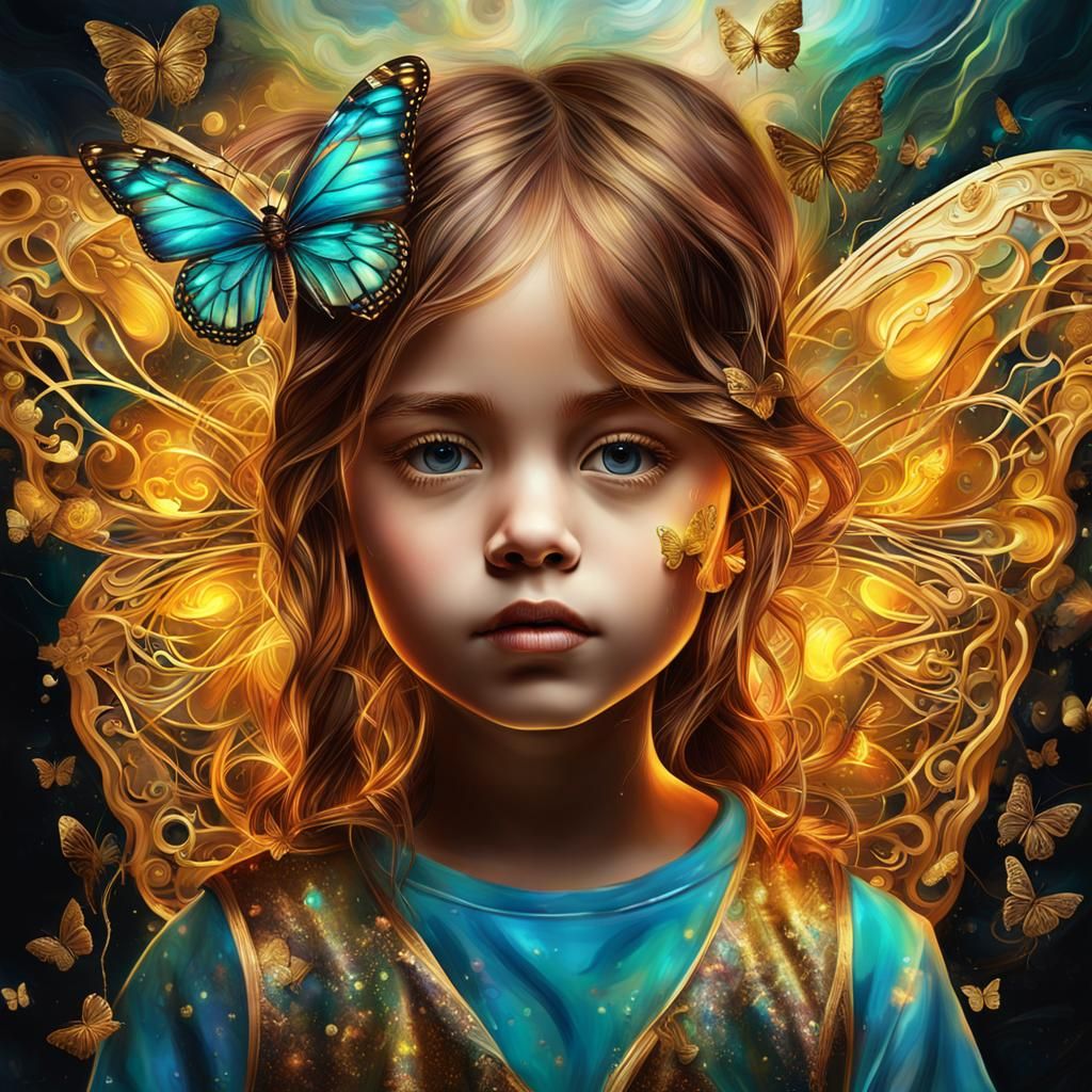 Wind art, alcohol ink art, alcohol paint art, golden neon lines art, 3D Image Only Little girl face and butterfly