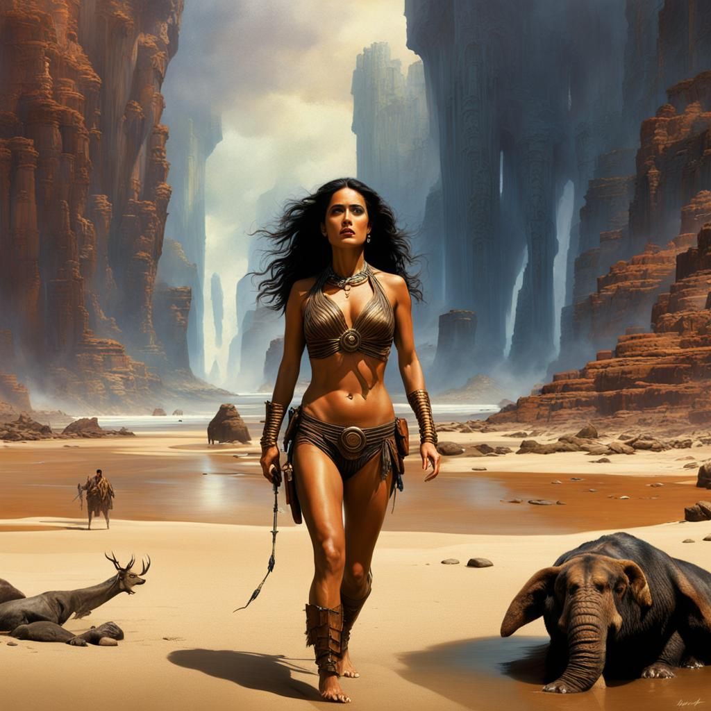 Salma Hayek Look-alike in Prehistoric Bikini, Digital Painti...