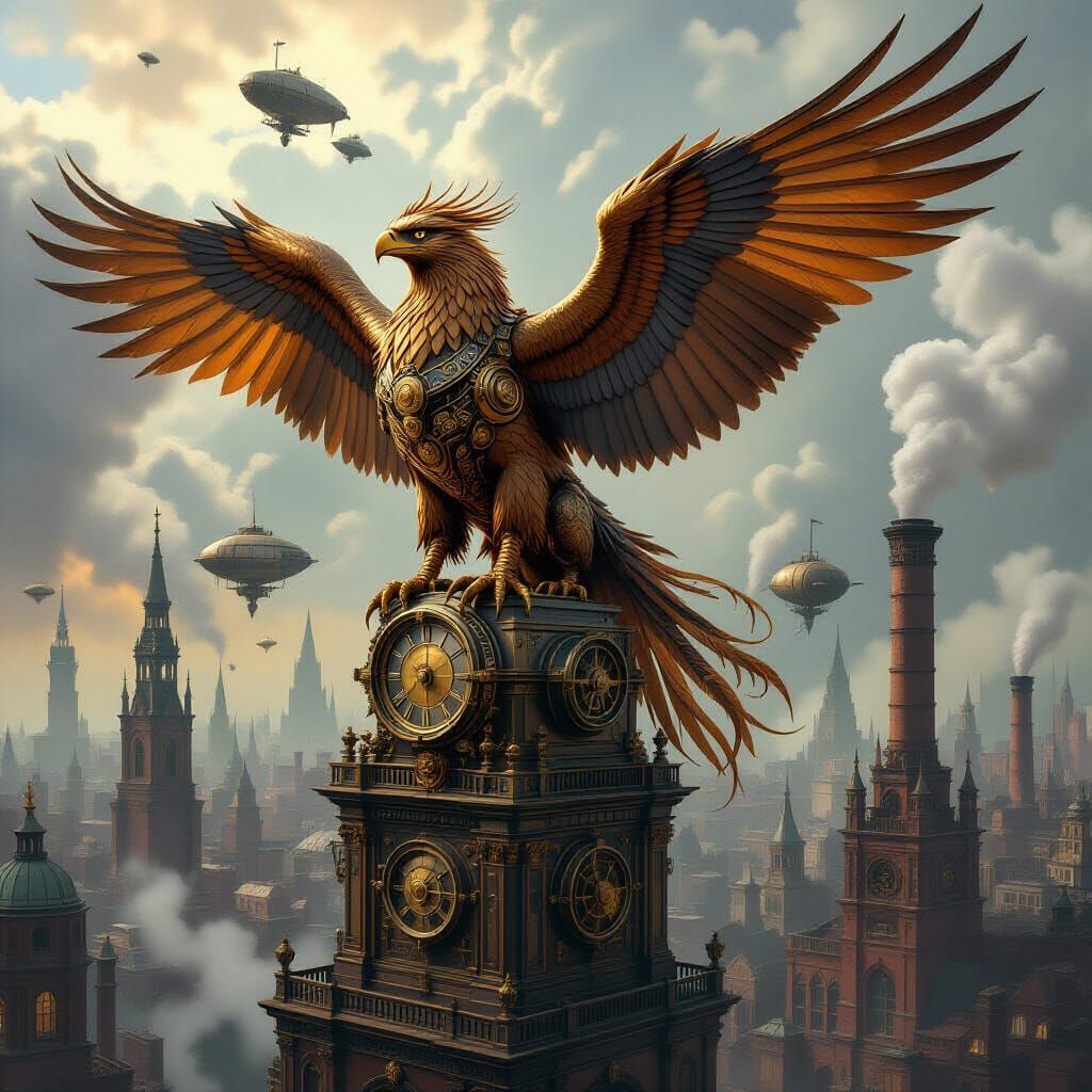 Bronze Clockwork Griffin on Victorian Factory, Steampunk Cit...