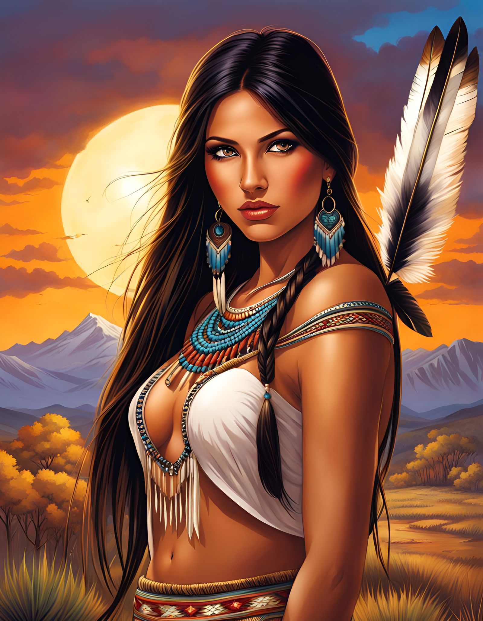 Beautiful Native American woman in front of a setting sun