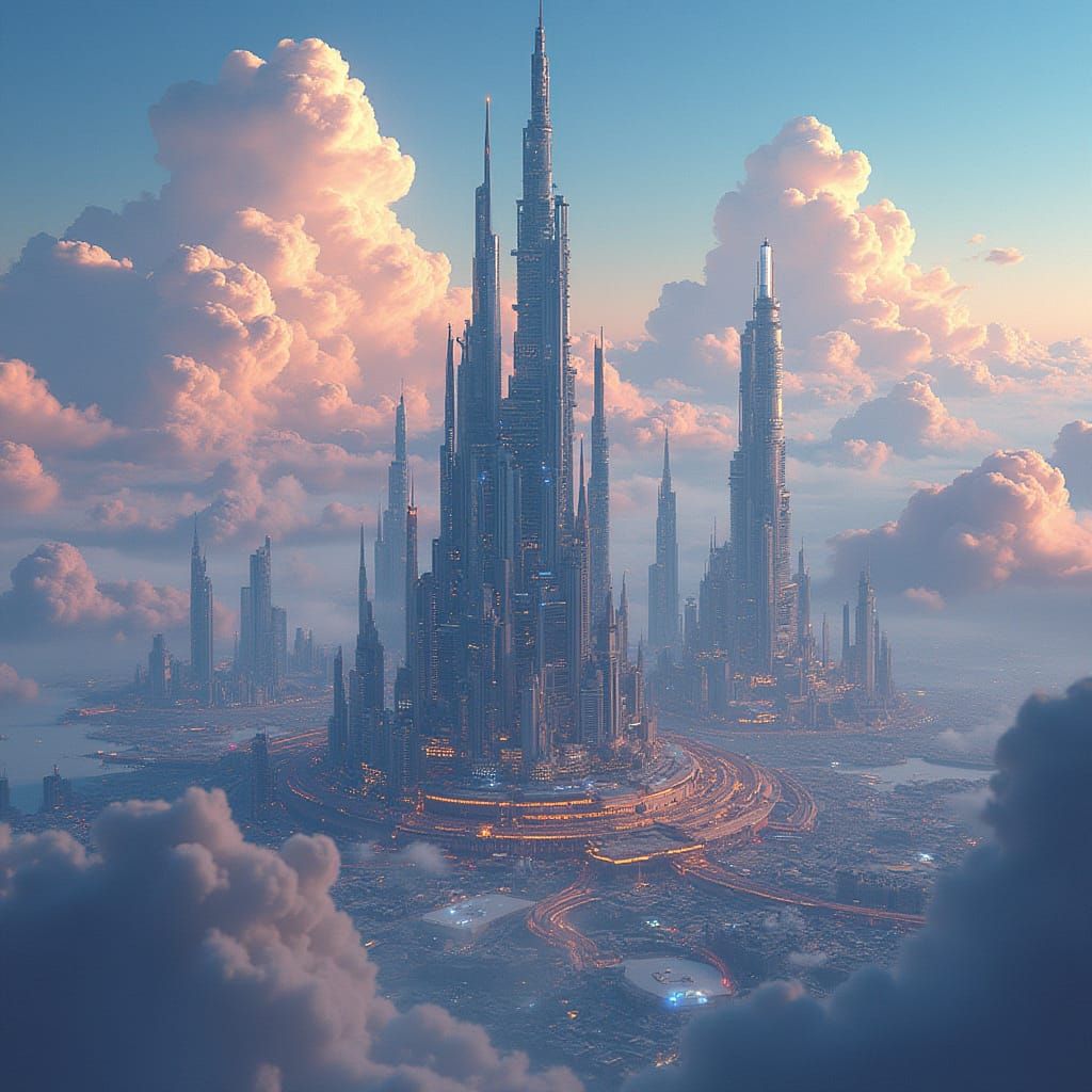 Aetheria Sky City: Futuristic Metropolis with Neon-Lit Trade...