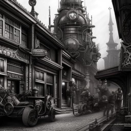 Hyperdetailed Steampunk City in Charcoal Style