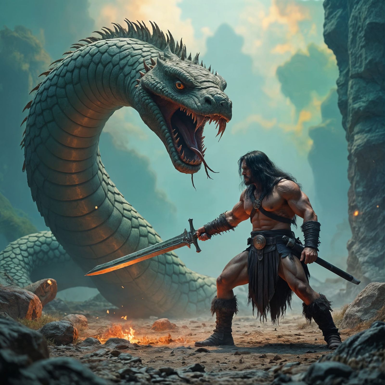 Conan Battles Serpent in Photorealistic Film Still