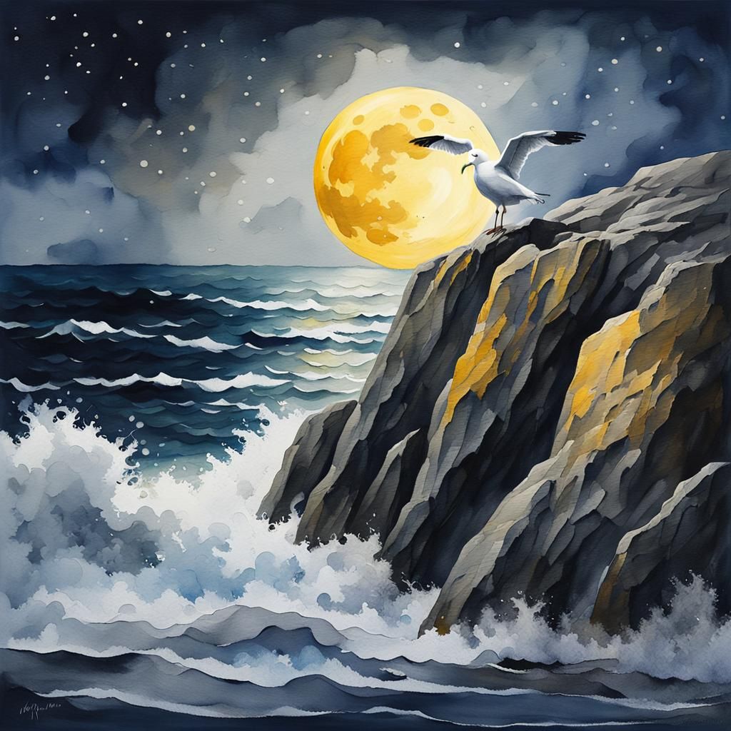 Seagull on Cliff at Moonlit Seascape, Watercolor Style