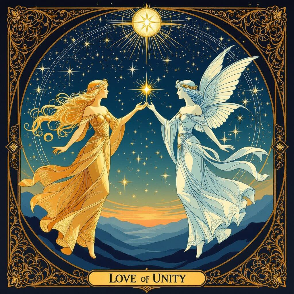 Mystical Tarot Art: Glowing Figures Reach for Unity